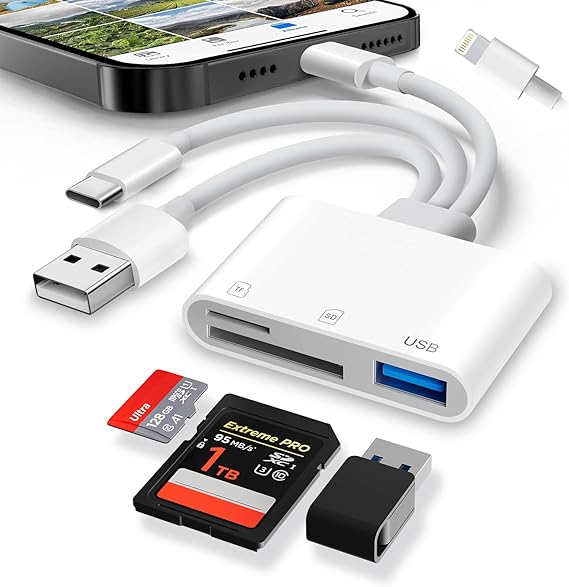 3-Port SD Card Reader for iPhone with Lightning/USB-C/USB-A Connectors, Memory Card Reader with SD, Micro SD and USB Slots, Digital Camera Adapter for iPhone, iPad, MacBook, Android, etc