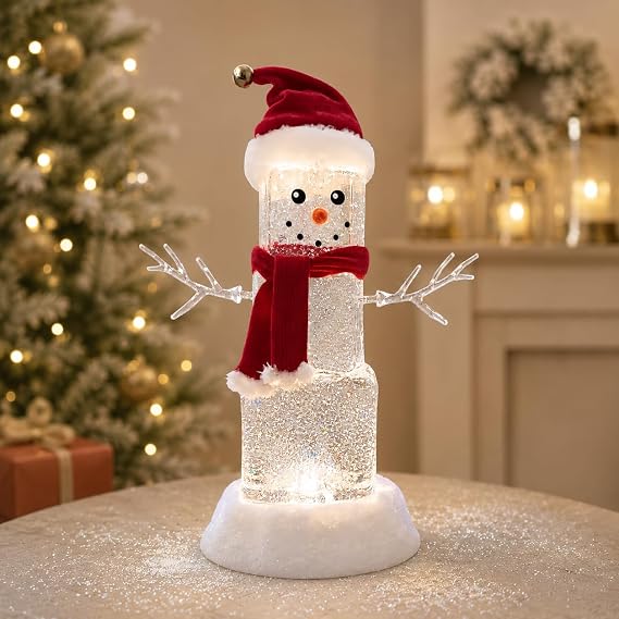Moments in Time LED Acrylic Ice Cube Snowman Light-Up Glitter Water Spinning Christmas Tabletop Decoration Battery Operated Holiday Home Decor Gift (11.3 Tall)