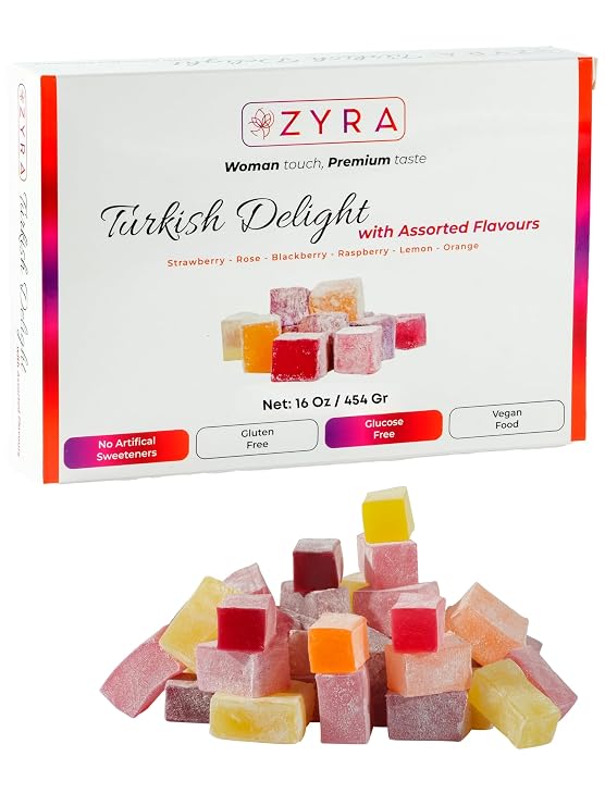 ZYRA Turkish Delight - Woman Owned Brand - Luxury with Assorted Fruit - Rose, Strawberry, Raspberry, Blackberry, Lemon, Orange - Authentic Premium Lokum Confectionery - Gifts for Everyone (16 OZ)