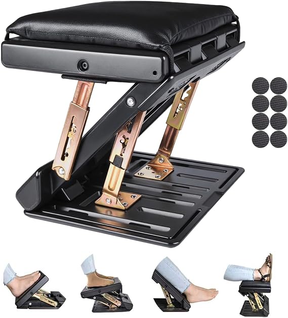 Under Desk Footrest, 4-Level Height Adjustable 12Modes Foldable Footrest | Soft Removable Cushion Adds Comfort,Ergonomic Support,Massage Beads,for Office,Gaming & Home Desks,Max-Load 120Lbs,Black