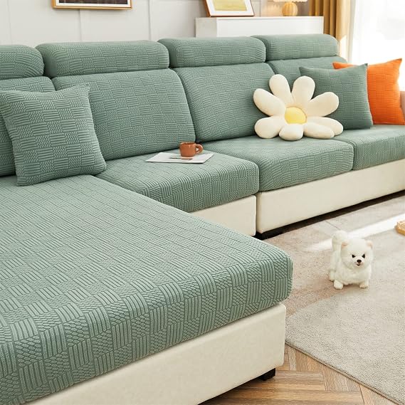cjc Couch Cover, Universal Stretch Chaise Sofa Slipcovers,Anti-Slip L Shape Sofa Covers, Sofa Slipcover for 3 Cushion Couch - Elastic Furniture Protector (Leaves Green, Seat Covers)