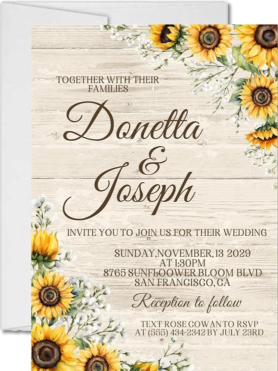 Rustic Sunflower Wedding Invitations, Personalized, Set of 12