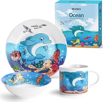MIAMIO Set of 3 Kids Dinnerware Set/Porcelain Children Dishes, Kids Dish Set, Childrens Tableware Set - Includes Plate, Bowl and Cup For Kids and Toddler (Ocean)
