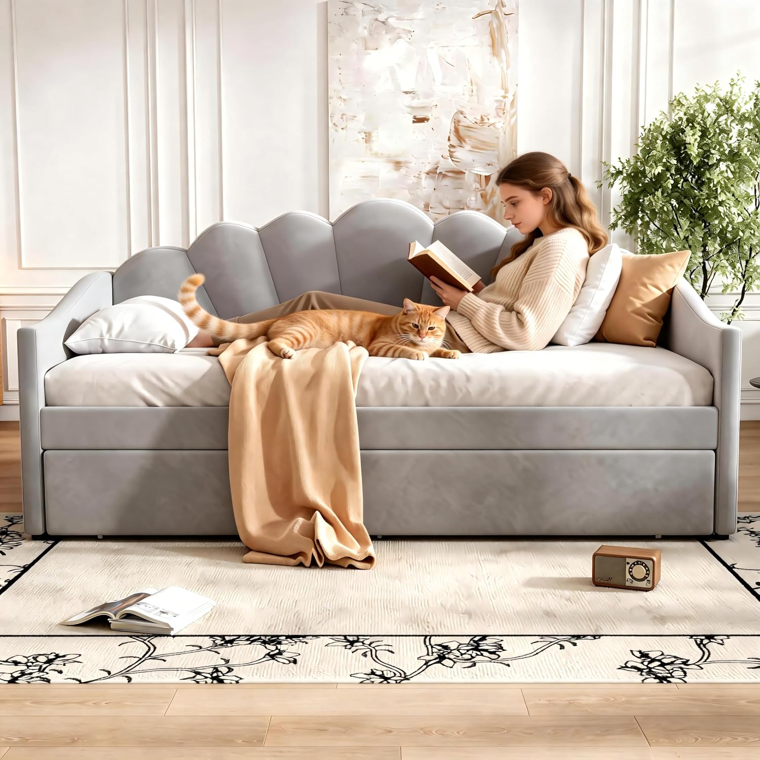 Su & Chan Legence Single Day Bed with Pull Out Trundle, Upholstered Trundle Bed with Scalloped Cushions, Wooden Bed Frame with Sturdy Slats, No Mattress, Velvet, 90 x 190cm, Grey