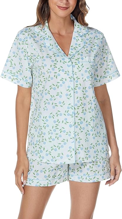 LUBOT 100% Cotton Pajamas for Women 2 Piece PJ Set Poplin Woven Lightweight Ladies Button Short Sleeve Sleepwear S-XXL