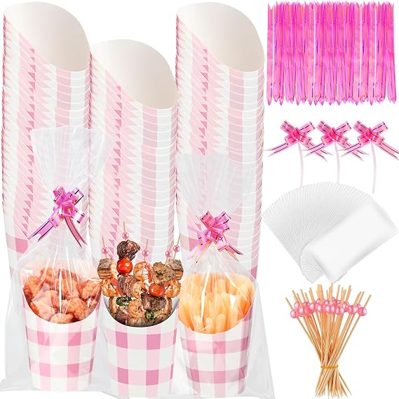 100 Set 14 oz Charcuterie Cup with Stick and Bag,Pink, White,Classic | Disposable Paper French Fries Holder, Ideal for Snacks, Popcorn, Desserts and Fruit, Birthday Wedding Graduation Party Favors