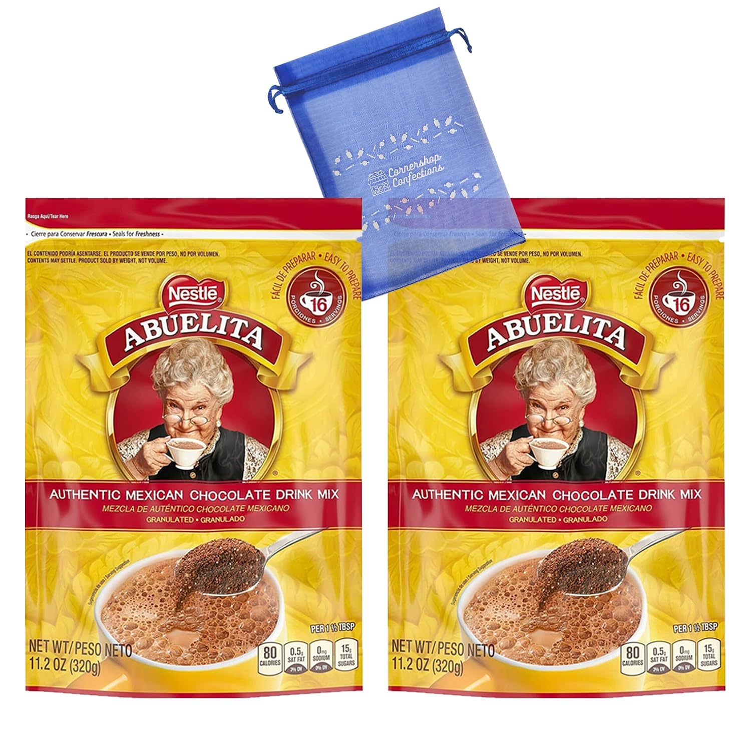 Abuelita Authentic Mexican Hot Chocolate Drink Mix 2 Bag Bundle Pack - Resealable Bags of Granulated Hot Chocolate Mix - Holidays, Winter Days, Coffee Substitute - With Cornershop Confections Gift Bag