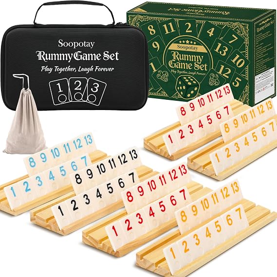 SOOPOTAY Rummy Cup Board Game For 2-6 Players - 160 Melamine Tiles, 6 Wooden Holders, Premium Case & Bag - Travel Game for Adults