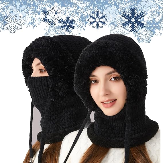 3 in 1 Beanie Hat with Scarf and Mask, Women's Winter One-Piece Knitted Beanie Scarf Mask 3-in-1 Balaclava