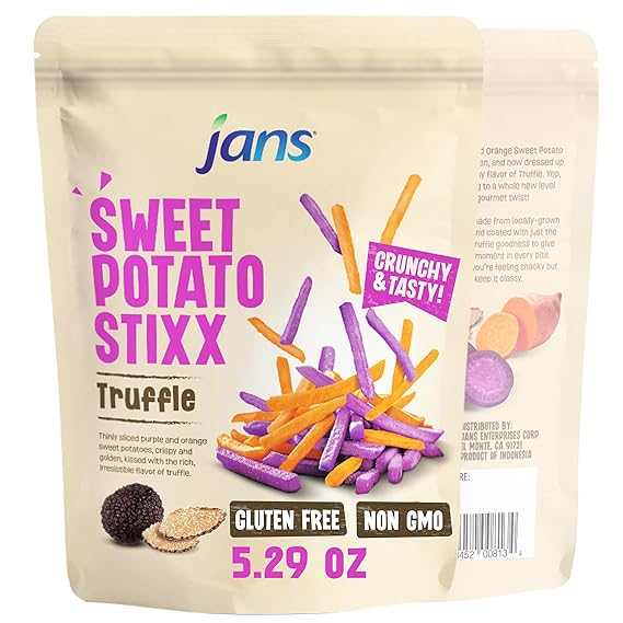 Jans Sweet Potato Stixx, Truffle Flavor Potato Sticks, 5.29 oz, Pack of 1 | Gluten Free, Non GMO, Crispy Purple & Orange Sweet Potato Snacks, Crunchy Chips & Crisps, Resealable Zipper Lock Bag