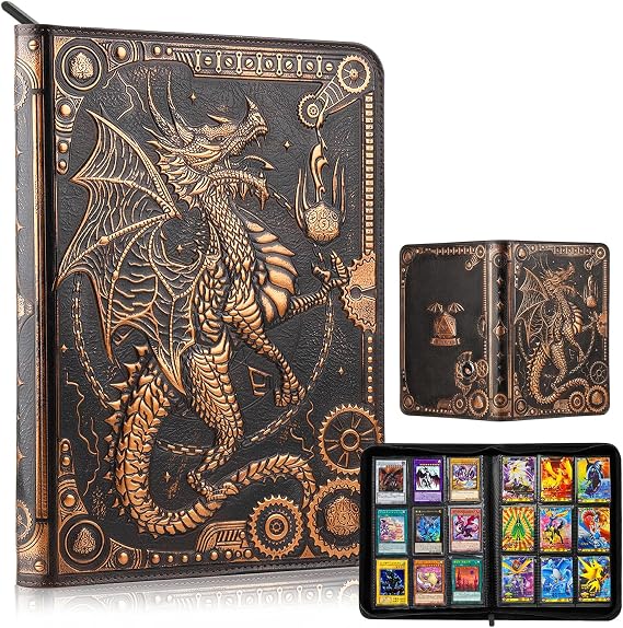 Card Binder 9 Pocket, 3D PU Leather Album with Zipper, 360 Side Loading Pockets for TCG, MTG, Lorcana, Other Collectible Cards, Trading Card Game Protective Folder Album(Reddish Brown)