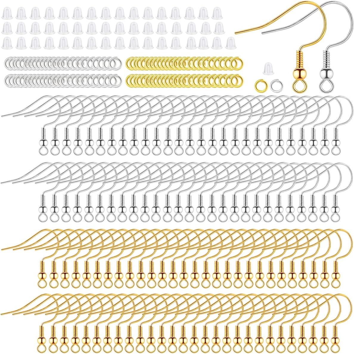 Hypoallergenic Earring Hooks, 600 Pcs Earring Making Kit, Fish Earring Hooks  Metal Jump Rings  Clear Silicone Earring Backs Stoppers for Jewelry Making Findings, GoldSilver