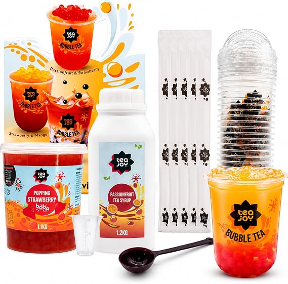 TeaJoy Bubble Tea Party Kit Passionfruit Jasmine Tea & Strawberry Popping Boba | Makes 20 Drinks | Just Add Water & Ice | Vegan & Dairy-Free | Green Tea with Pearls & Boba Straws