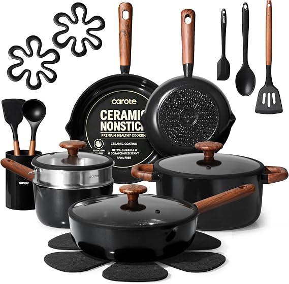 CAROTE 21pcs Ceramic Cookware Set, Pots and Pans Set