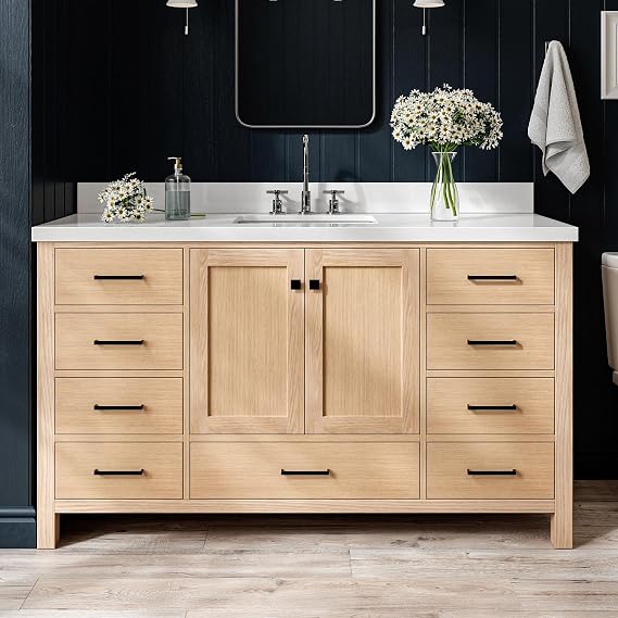 ARIEL Cambridge 60-inch Bathroom Vanity with Sink,Solid Wood, 1.5-inch Pure White Quartz Countertop, Single Rectangular Porcelain Sink, 2 Soft Closing Doors, 9 Dovetail Drawers, White Oak