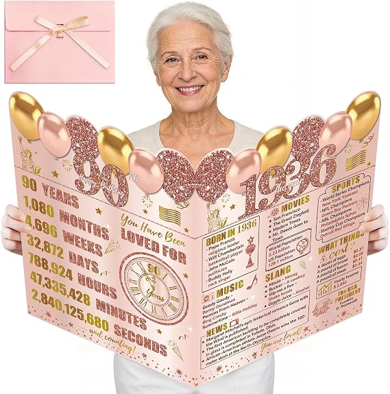 Kircirx Pink Rose Gold Large 90th Birthday Cards for Women With Envelope | Vintage 1936 Birthday Cards Jumbo Happy 90th Birthday Decorations Greeting Card Guest Book Ninety Party Supplies Gifts