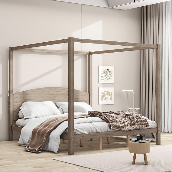 Flieks King Size Canopy Platform Bed Frame for Boys Girls Kids Adults Toddler with Headboard and Support Legs, Brown Wash