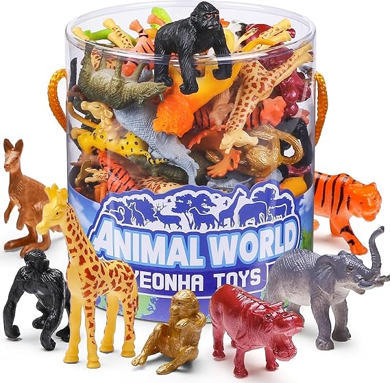 60 Piece Animal Figures with Gift Box, Safari Jungle Animal Figurines | Realistic Small Plastic Animal Figure Sensory Bins, Jungle Party Favors, Cupcake Topper, School Education, Birthday Gifts for