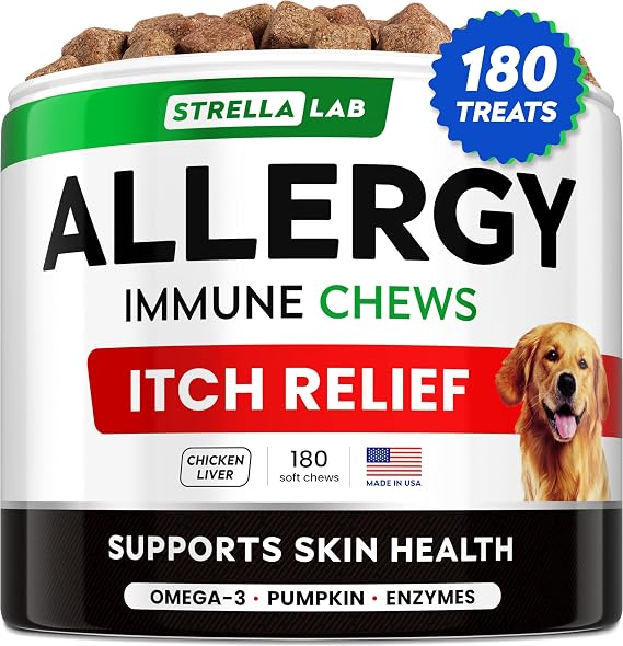 Dog Allergy & Itching Relief - Anti Itch, Skin&Coat Support Chews w/Omega 3 | Made in USA - Immune Supplements, Treats for Dogs Health w/Fish Oil for Irritated & Dry skin - Developed by Experts, 180 Ct
