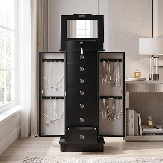 Hives and Honey Noelle Standing Jewelry Armoire Cabinet, Locking Jewelry Storage Organizer with Top Flip Mirror, 7 Drawers, Jewelry Chest Armoire, Jewelry Box for Necklace, Earring, Bracelet, Black