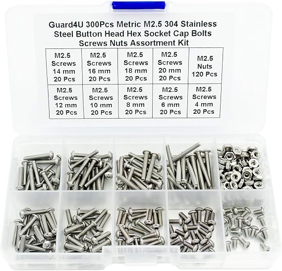 300Pcs Metric M2.5 304 Stainless Steel Button Head Hex Socket Cap Bolts Screws Nuts Assortment Kit- M2.5 x 4mm/ 6mm/ 8mm/ 10mm/ 12mm/ 14mm/ 16mm/ 18mm/ 20mm