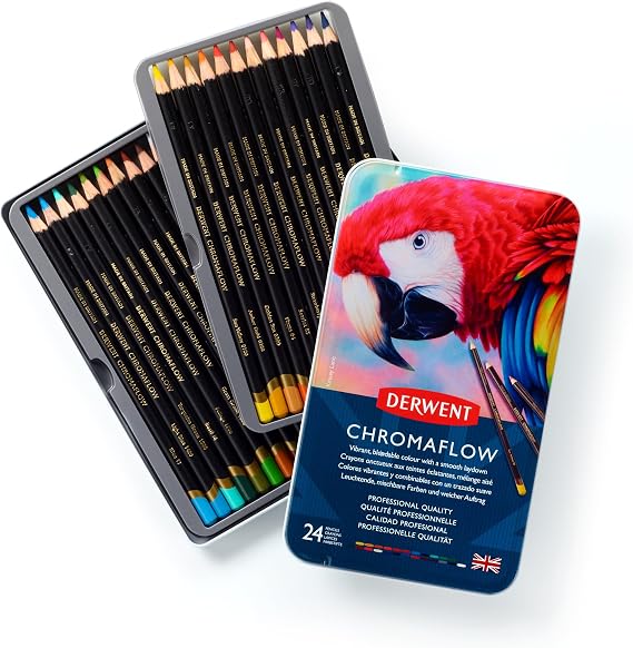 Derwent Chromaflow Pencils, Set of 24 in Tin, 3.5mm Round Core, Premium Core Strength, Blendable with Smooth Texture, Ideal for Drawing, Colouring & Layering, Professional Quality, 2305857