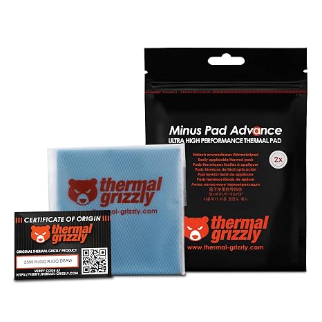 Thermal Grizzly Minus Pad Advance - 100x100x2.0mm 2-Pack Thermal Interface Pad, Electrically Non-Conductive, High Thermal Conductivity & Compressibility for SSDs, GPUs & Electronics