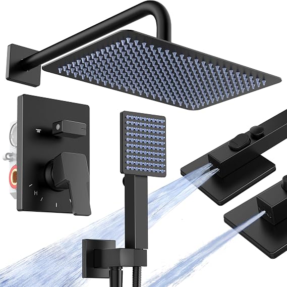 KES Black Shower Faucet Set with 12" Rectangle Rain Head, 18/8 stainless steel Shower Head System with 3-Modes Handheld Spray, Pressure-Balanced Anti-Scald Valve, XB6247S12-BK