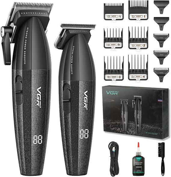 VGR 640 Professional Hair Clippers for Men with Clipper Trimmer Set, Black | 9000 RPM; dual speed; 2500mAh/2000mAh battery; 250min/240min runtime; DLC blade; ceramic blade; cleaning brush