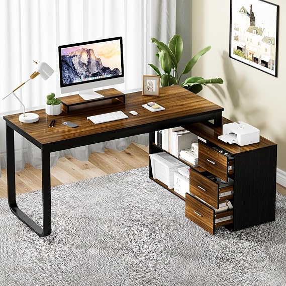 MaverickFurni 55" L Shaped Desk with Storage and Monitor Stand, Black | Home Office Desk with Drawers and Shelves for Work Writing Study, Reversible Corner Desk with Storage