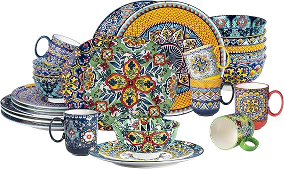 30-Piece Boho Ceramic Dinnerware Set for 6 614oz Mugs, 610.5" Dinner Plates, 68.5" Salad Plates, 624oz Bowls, 610oz Dessert Bowls Hand-Painted, Microwave/Dishwasher Safe