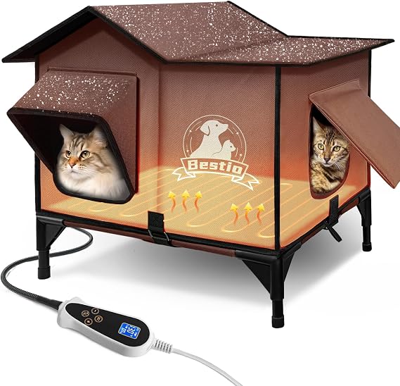 Large Heated Cat House for Outside 21x17x17 in with Elevated Base Cat-Attracting Eave Design Feral Stray Shelter,Intelligent Controller and Waterproof Cat Heated House Shelter for Outdoor