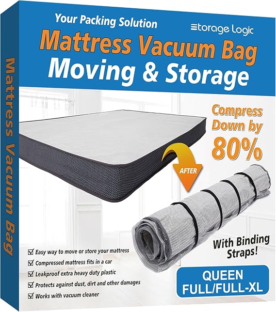 Foam Mattress Vacuum Bag with 4 Adjustable Straps, Queen/Full/Full-XL | Heavy-Duty Vacuum Seal Mattress Bag for Foam & Latex, Built to Last for Moving, Space-Saving Storage, Shipping & Protection
