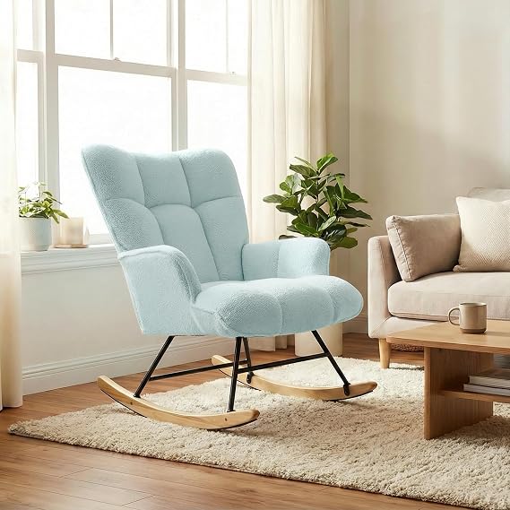 Alivio Comfortable Rocking Chair, Teddy Rocking Arm Chair for Nursery with High Backrest for Living Room Bedroom Balcony (Blue)