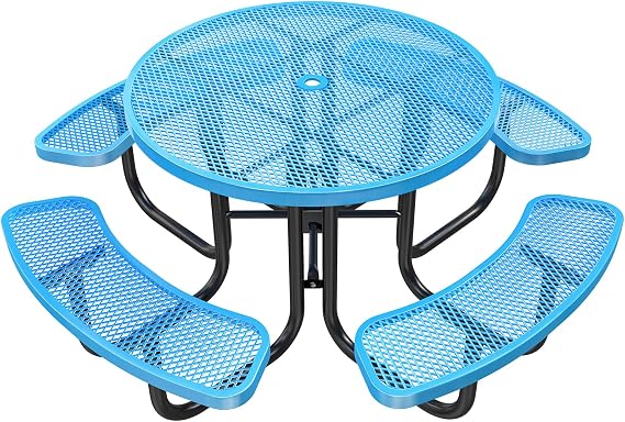 47'' Heavy-Duty Metal Picnic Tables with Umbrella Hole, Outdoor Steel Heavy Duty Commercial Grade Black Table, Outdoor Bench Set for Lawn, Patio, Park, Yard, Garden, Porch (Set C, Round)