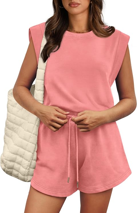 OFEEFAN Rompers for Women Summer Cap Sleeve Adjustable Drawstring Waistband Crewneck Casual Outfits with Pockets