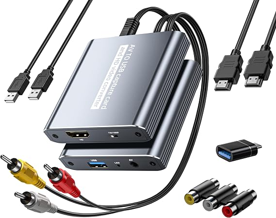 VHSからデジタルコンバーターUSBビデオキャプチャカード、HDMIループアウト、RCA AVからUSBキャプチャ、VCR/DVD/Hi8/PS2/Wii用、アナログ-デジタルコンバーター1080P 30fps、テレビ/PCで古いビデオを録画およびプレビュー。