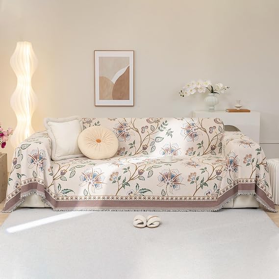 Floral White Jacquard Boho Couch Cover - Washable Decorative Chenille Sofa Slipcover for Kids and Pets, 1 Piece Non Slip Furniture Protector, Multi-Use Blankets (XLarge, 71" x 134")