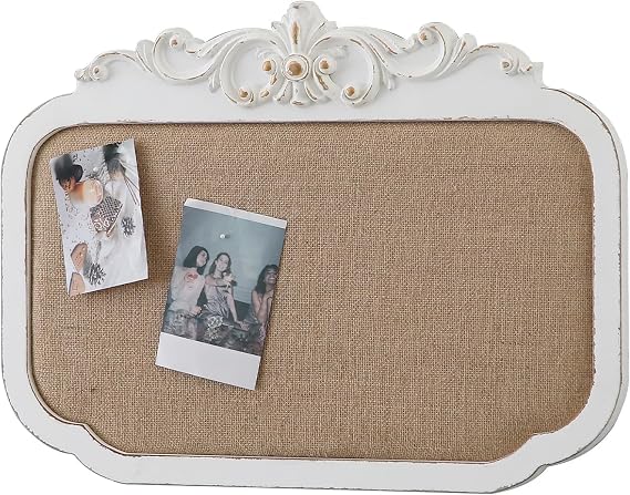 SOFE 17x24 Rustic Fabric Pin Board, Distressed White Frame Bulletin Board