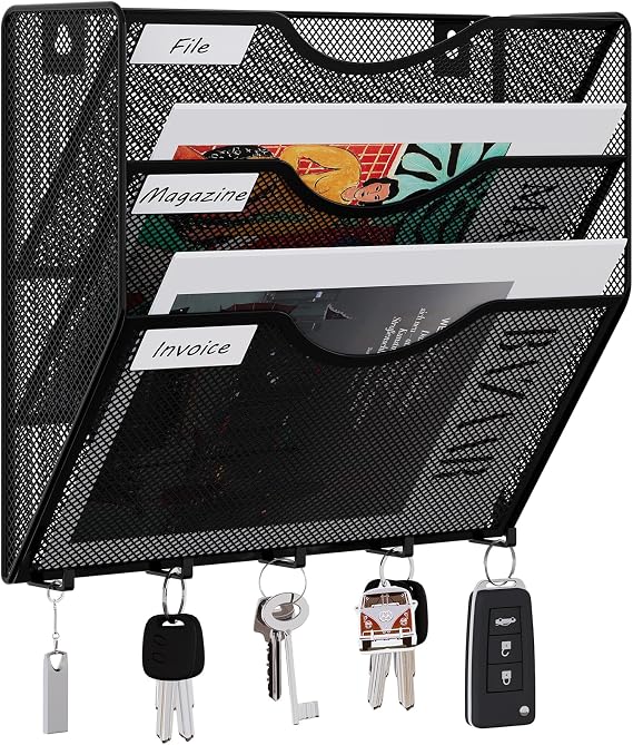 EasyPAG Metal 3 Tier A4 Wall Mounted Document Holder,Hanging Wall File Organiser,Pigeon Holes Storage,Filing Tray,Wall Pocket,Magazine Rack with 5 Hooks for Office & Home,Black