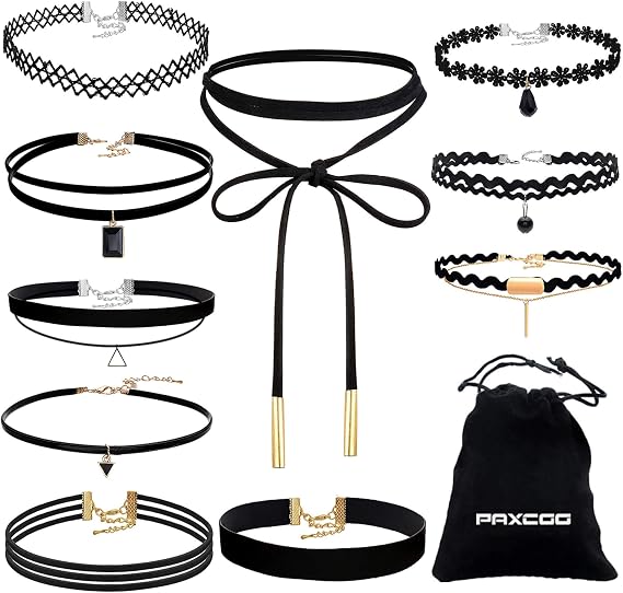 PAXCOO 10PCS Black Velvet Choker Necklaces with A Stroage Bag for Women