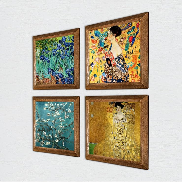 Pinecone Gustav Klimt, Van Gogh Taş Duvar Tablosu - Ahşap Çerçeveli Taş Tablo - 25x25 cm - 4 Parça Set - Dekoratif Duvar Sanatı - Modern Ev ve Ofis Duvar Dekoru W4-679
