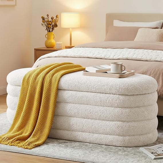 Storage Ottoman Bench, 114CM Upholstered Boucle Ottoman with Storage, Modern Bedroom Bench for Living Room, Entryway, Sherpa, White