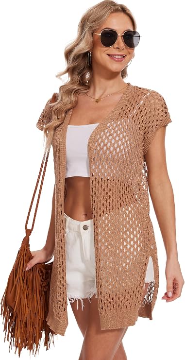 Moss Rose Womens Sleeveless Cardigans Vests Long Open Front Hollow Crochet Cardigan Sweater Duster Vest