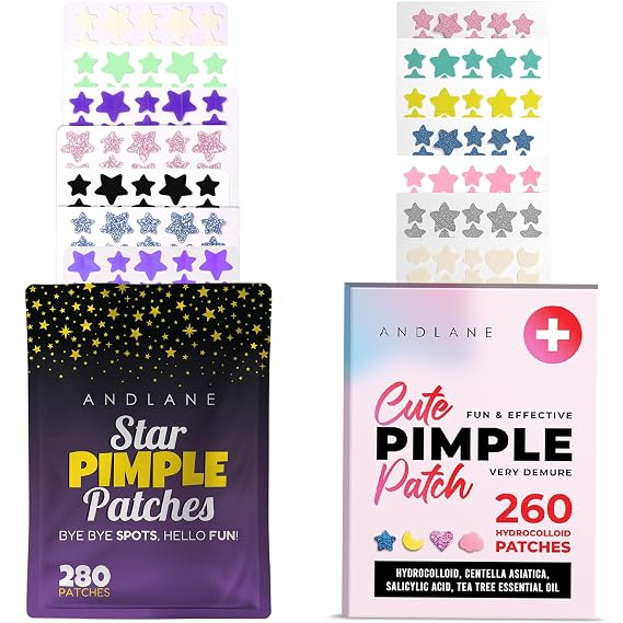 560Pcs Cute Pimple Patches for Face - Hydrocolloid Acne Blemish Pimple Patches Cute Stars - Glitter, Regular, Glow in the Dark, Translucent 7 Colors, 3 Sizes Zit Stickers