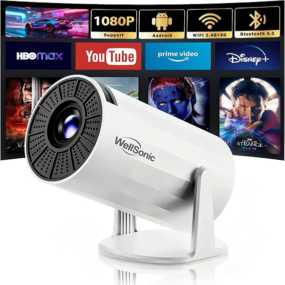 Mini Projector with WiFi and Bluetooth, Portable Projector Support 1080P, Auto Keystone,210 Rotation, Smart Projector with build-in APP for Home Theater Night