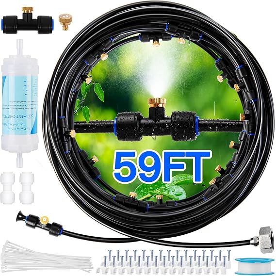 Misters for Outside Patio with Water Filter - 59Ft(18M) Misting system Line 20 Brass Mist Nozzles Brass Adapter(3/4") Patio Misters for Cooling Outdoor Greenhouse Backyard Porch Garden BBQ Party Pool