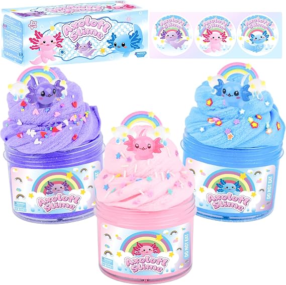 3 Packs Axolotl Cloud Slime with Pink, Blue and Purple Axolotl Charms, Scented Cloud Slime Party Favor for Girls & Boys, Super Soft, Birthday Gifts, Goodie Bag Stuffers, Classroom Rewards for Kids
