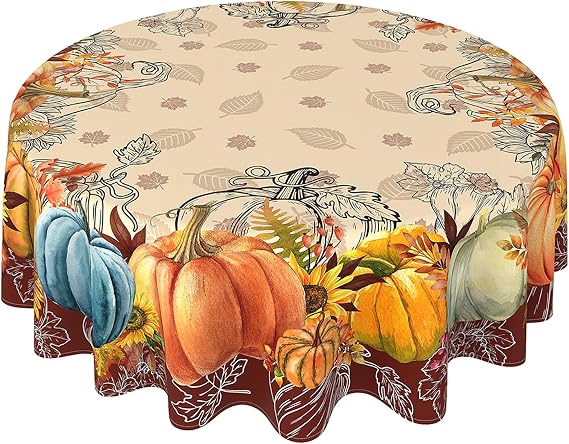 Fall Round Tablecloth 60 Inch, Stain Resistant Washable Fabric Autumn Pumpkin Table Cloth Round Fall Tablecloth Table Cover for Kitchen Dining Party