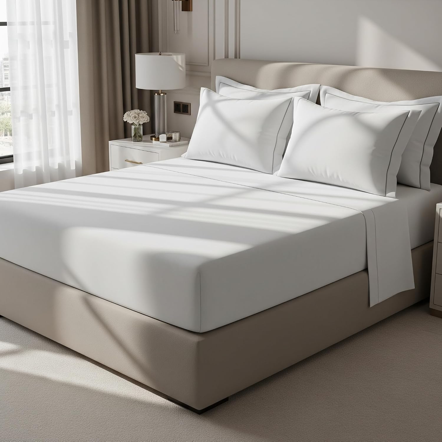 100% Organic Cotton Percale Bedding | GOTS-Certified | Luxury Hotel Collection | 40cm Deep Fitted Sheet (Super King, White)